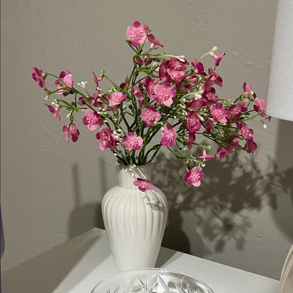 Pink Faux Floral Stem Bouquet in White Ribbed Vase - Unbranded